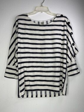 Striped Boatneck Sweater with Side Buttons - navy & White